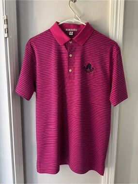 Peter Millar Carnoustie Golf Links Pink Navy Striped Performance Polo Shirt SZ M